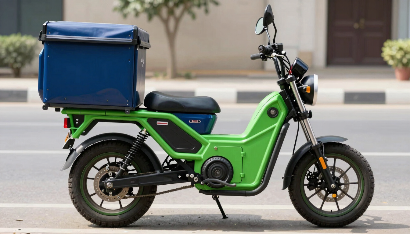 Side profile of a rugged electric commercial motorcycle with a heavy delivery box on the back, parked on a clean street in Karachi, bright daylight, electric green accents visible on the frame