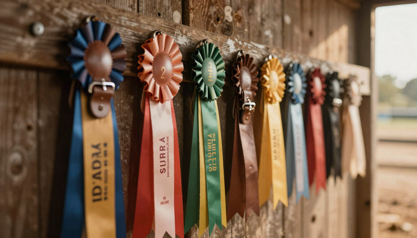 Close-up of leather tack, silver buckles, and colorful placement ribbons hanging on a weathered wooden barn wall, soft dusty sunbeams, shallow depth of field.