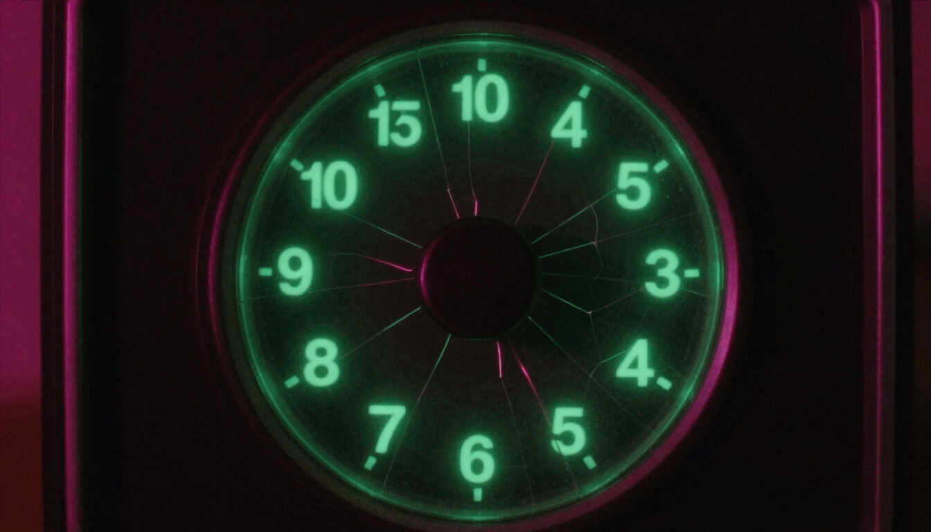 Close-up of vintage analog radio dial glowing with neon green numbers, cracked glass, dark background, heavy film grain