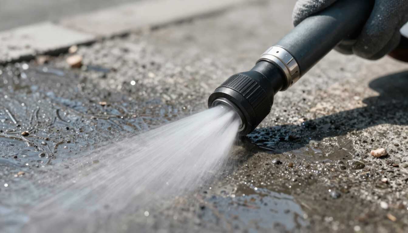 Sharp close-up of industrial cleaning equipment nozzle spraying water on concrete, high contrast, cool daylight, 35mm lens.