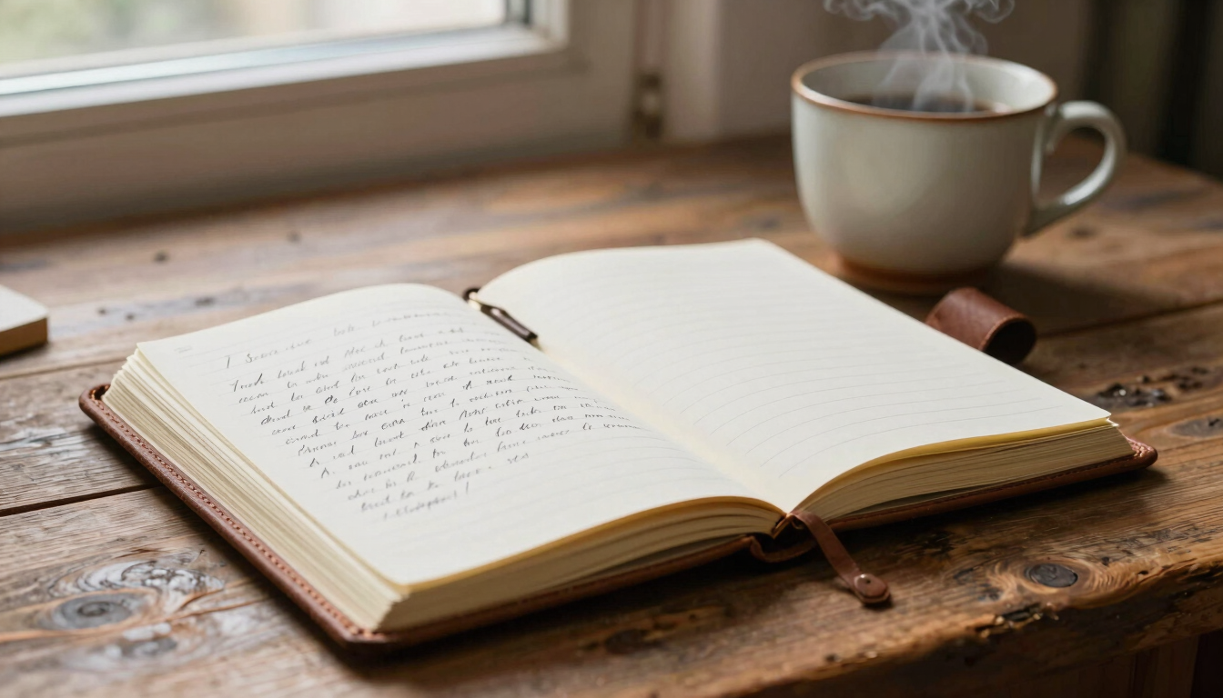 An open vintage leather notebook on a rustic wooden desk, handwritten notes in elegant ink, a ceramic mug with soft steam rising, warm lateral window light, 35mm photography