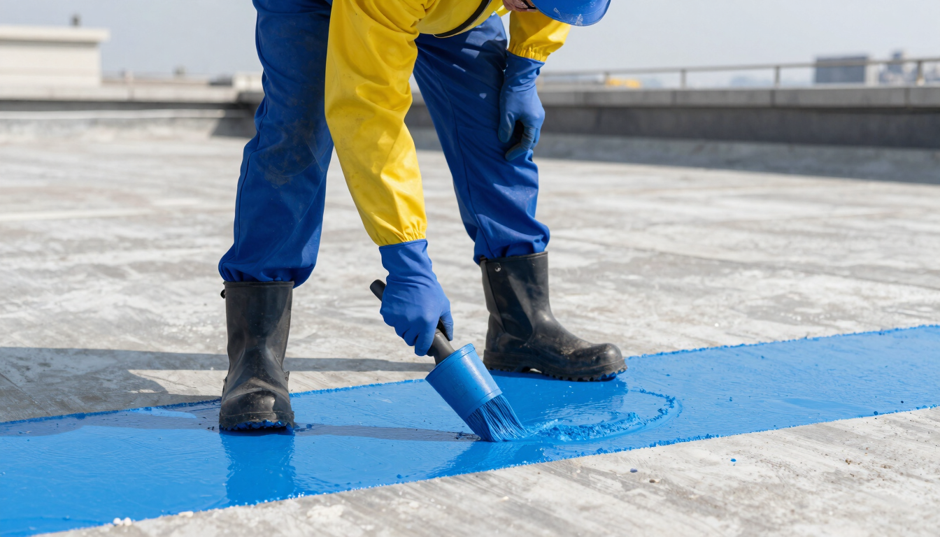 Medium close-up of a waterproofing technician in safety gear applying blue PU coating to a clean concrete rooftop in bright daylight.