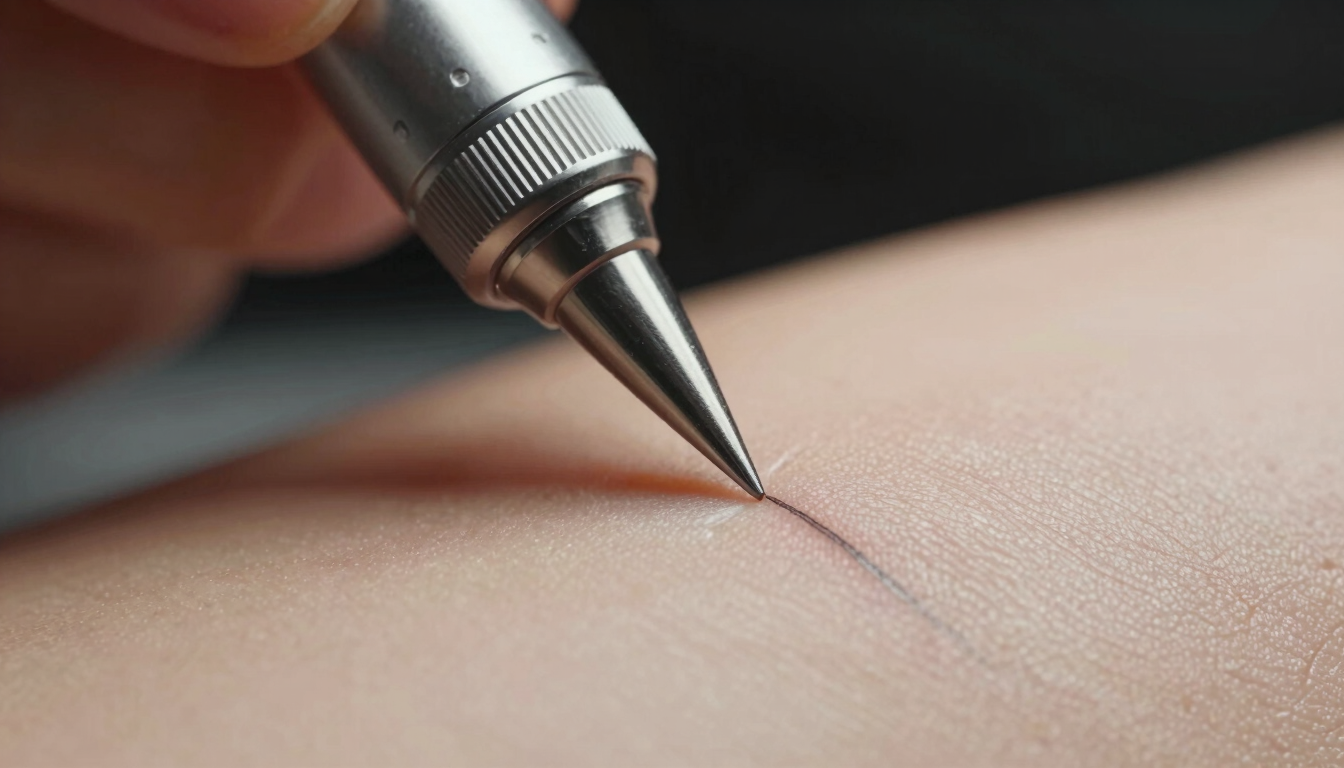 Extreme close-up of a precision nanoblading tool creating a microscopic, crisp stroke on synthetic skin, clinical lighting, sterile environment.