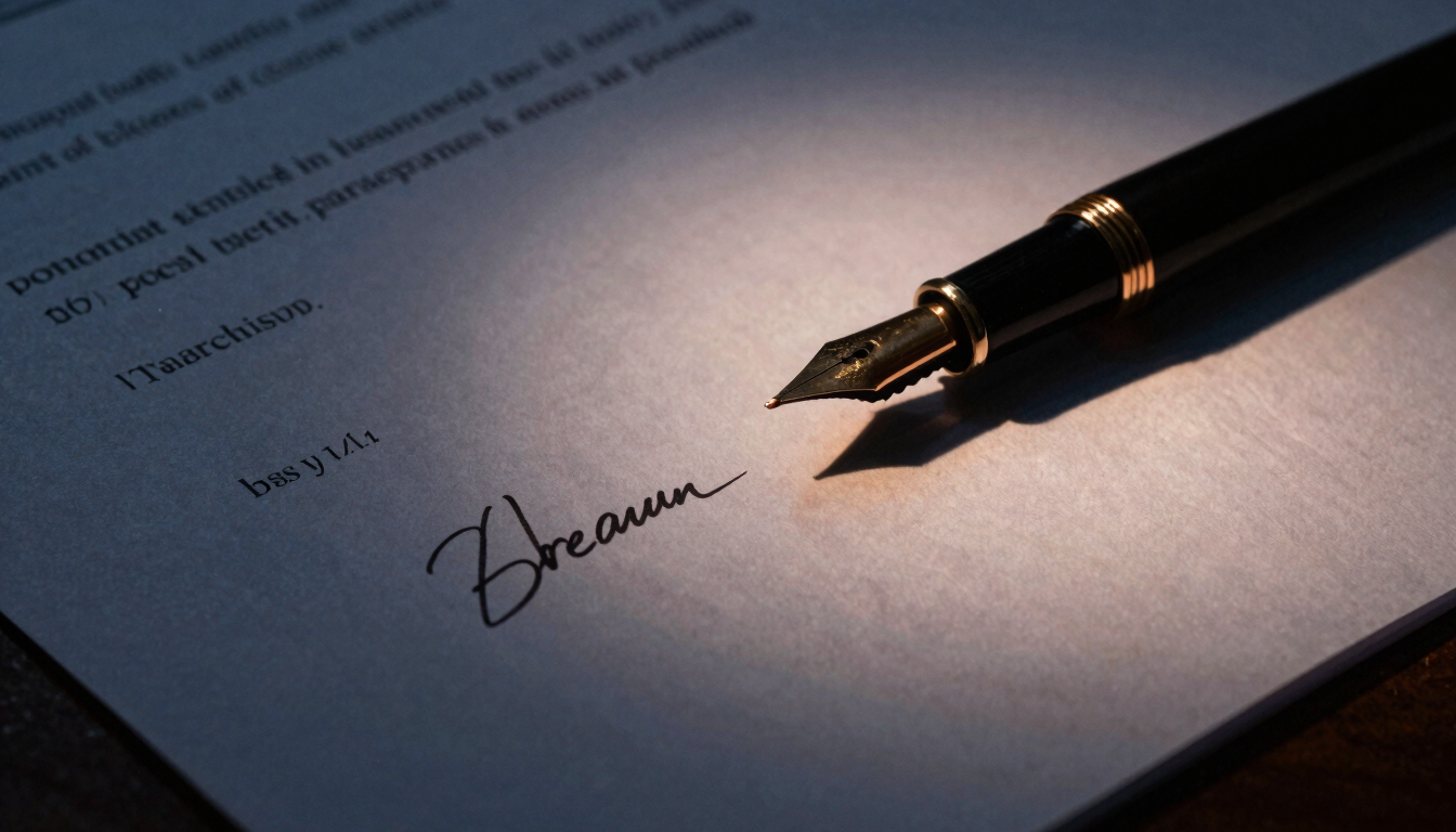 Dramatic low-key close-up of signed legal documents on heavy paper with a fountain pen, warm copper highlights, deep navy shadow, 35mm photography