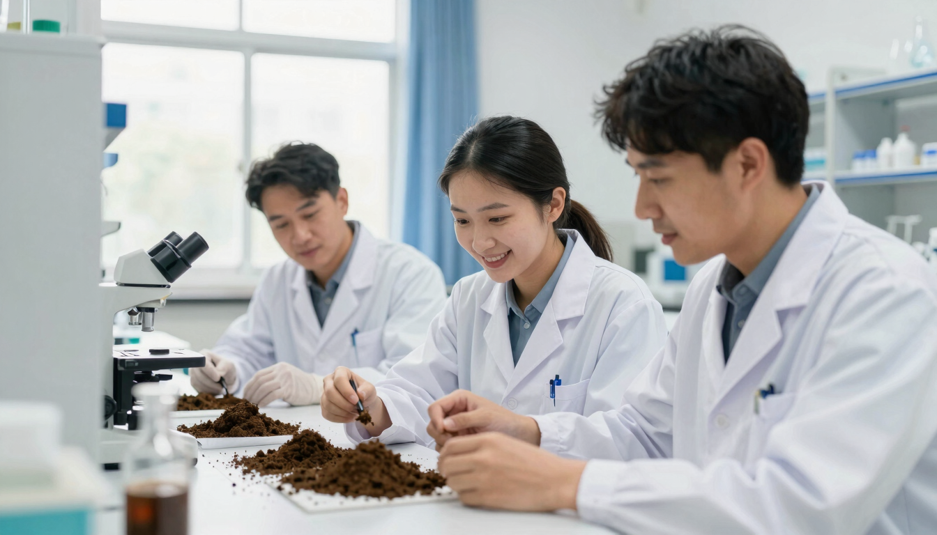 Focused research environment, a scientist and a community leader analyzing soil samples together in a bright, naturally lit laboratory, 35mm