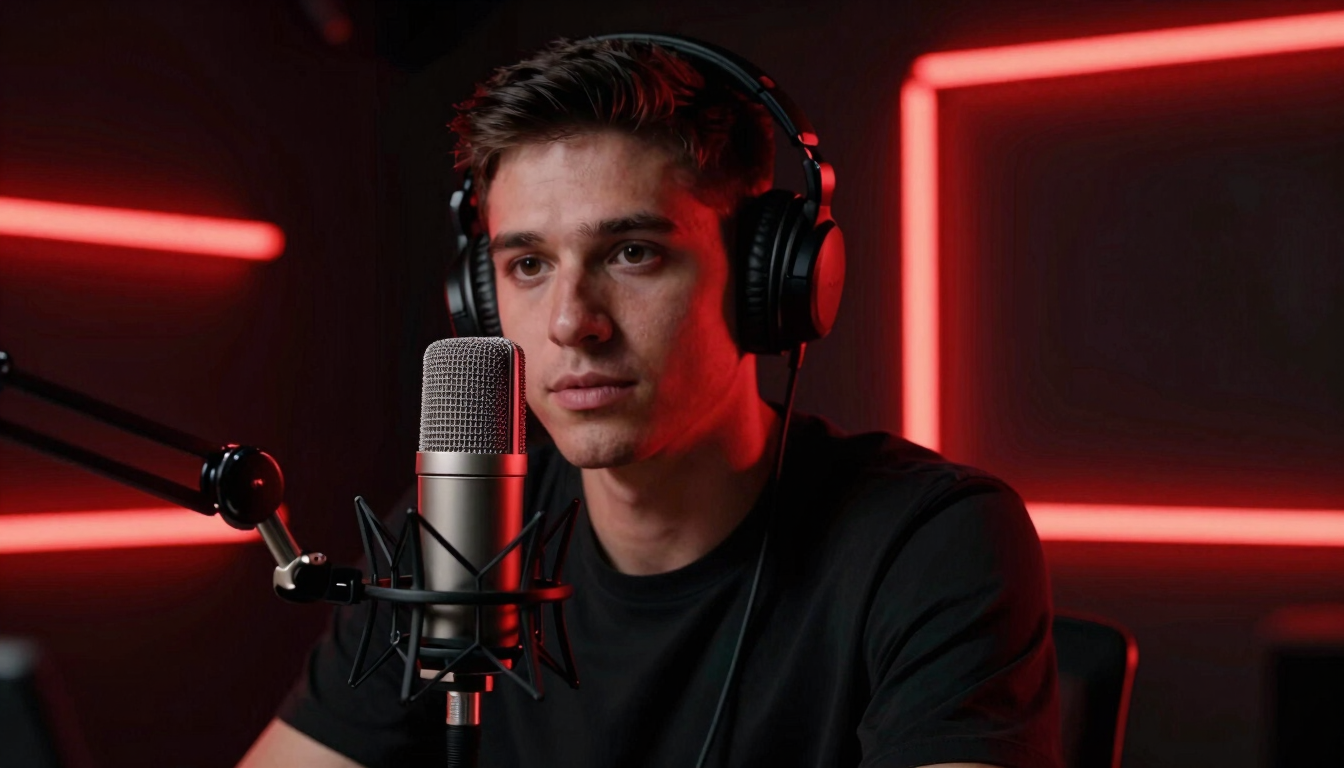 Medium shot of a professional radio host with a high-end microphone in the foreground, moody studio background with dramatic red neon lighting, high contrast, 35mm