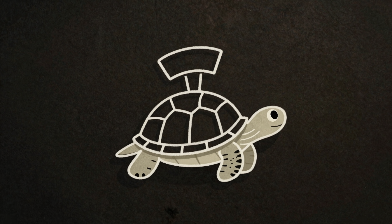 A minimalist, hand-drawn cartoon turtle illustration wearing a director's cap, simple white ink lines on a dark charcoal background, whimsical and warm.