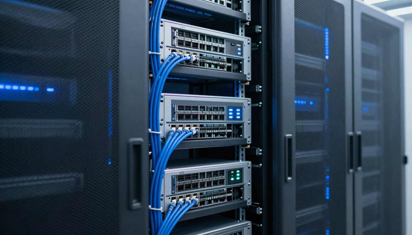Sleek corporate photography of a server room with cool blue ambient light, focusing on structured network cables and hardware racks.