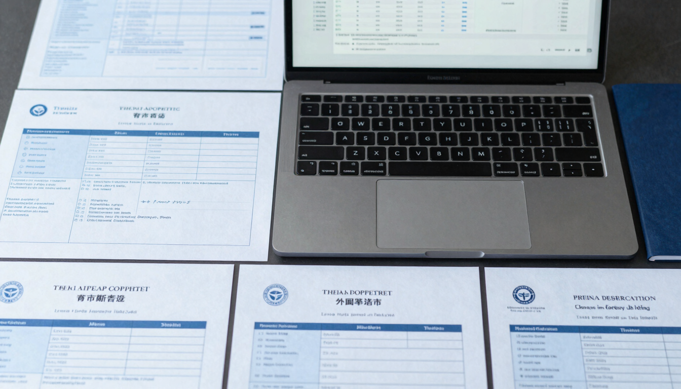 Top-down flat lay of neatly organized Thai corporate registration documents, a sleek laptop showing a clean financial dashboard, cool slate blue and navy tones, natural office light, professional editorial photography