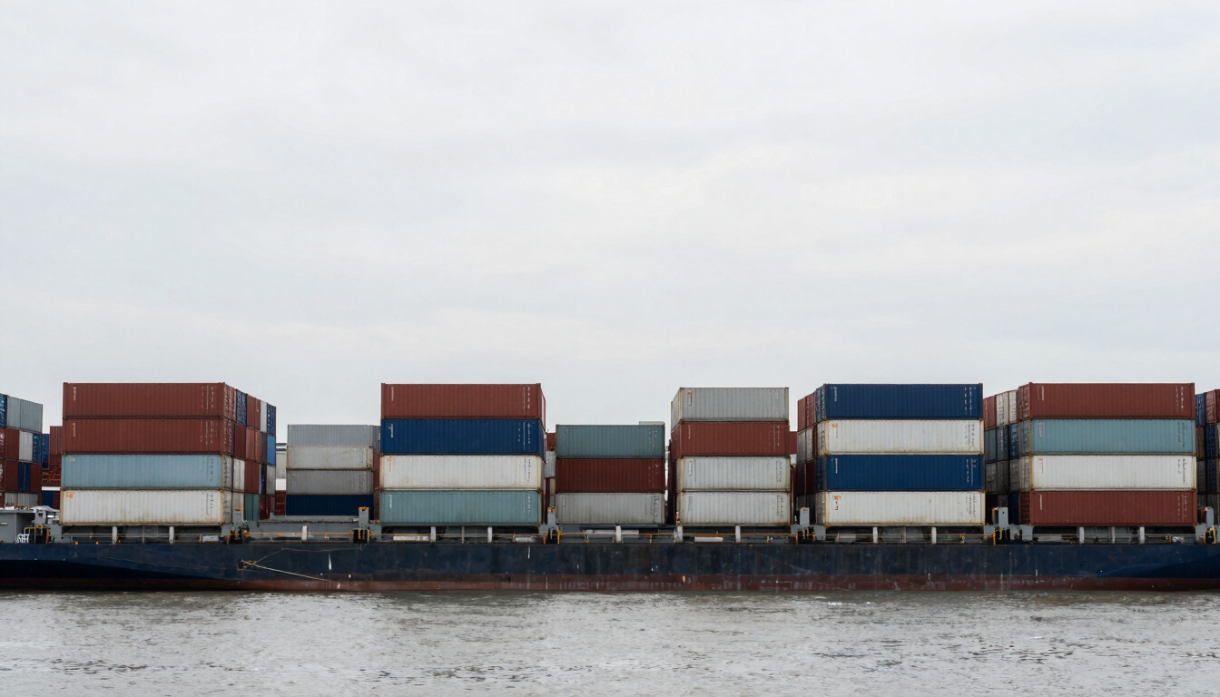 Symmetrical wide-angle shot of the deep-water Port of Sihanoukville under flat overcast daylight, cargo shipping containers lined up neatly, desaturated industrial tones, 35mm