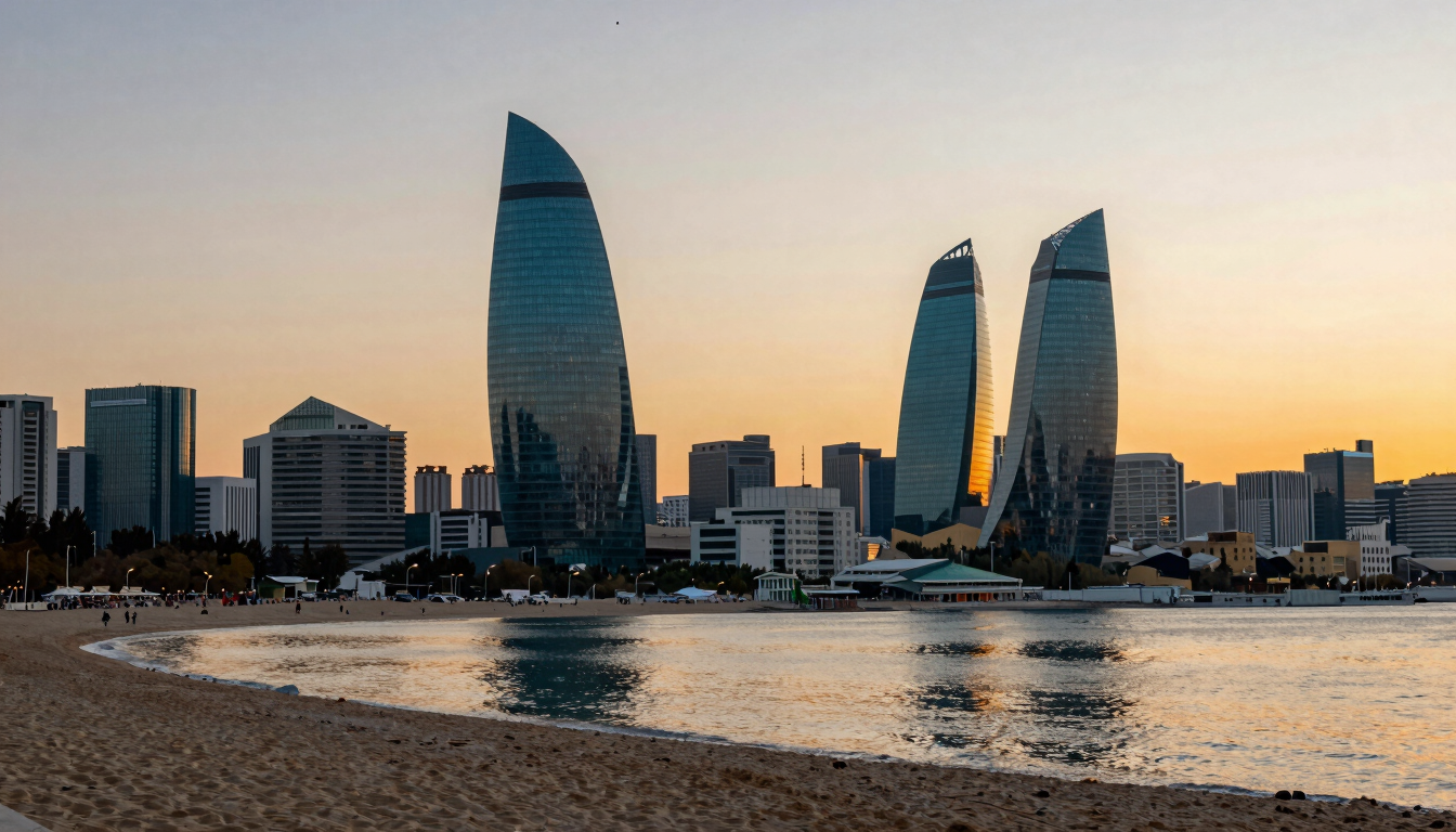 Wide environmental view of Baku's evolving skyline at sunset, golden hour light reflecting off the Caspian Sea and modern glass towers, editorial architectural photography