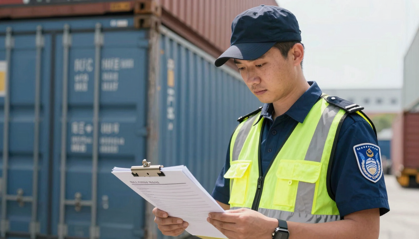 Close-up of a customs inspector in a high-visibility vest examining a cargo manifest clipboard in front of shipping containers, bright daylight.