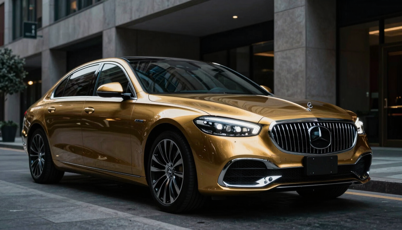 Cinematic portrait shot of a premium luxury sedan parked in a modern architectural environment in downtown Columbus, sharp focus on the gold metallic details and headlight, dramatic low-key lighting, 35mm lens.