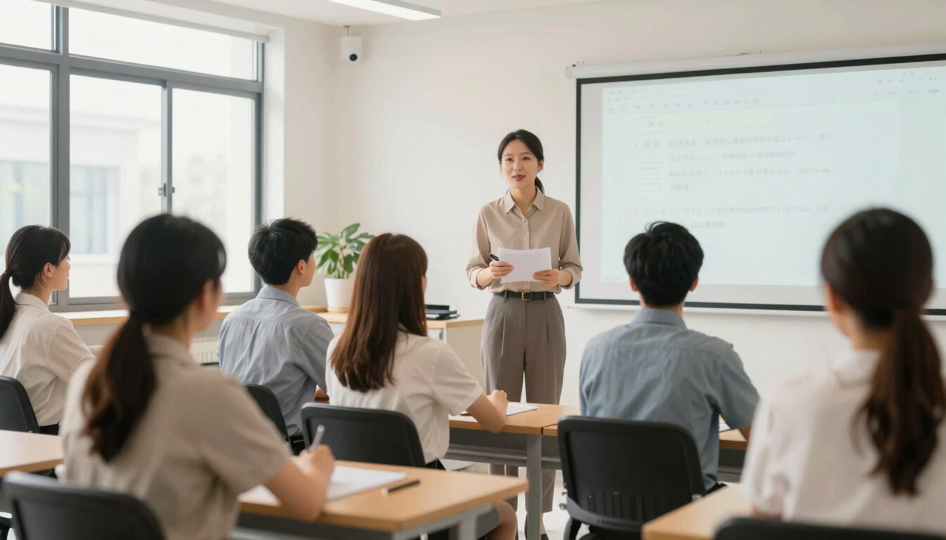 Wide portrait shot of a professional instructor guiding adult students in a modern technical classroom, bright natural daylight, clean educational environment.