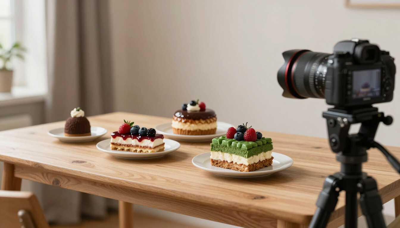 A professional camera on a tripod capturing a beautifully arranged dessert on a light wooden table, soft natural light, cozy studio setting, warm editorial photography, 35mm