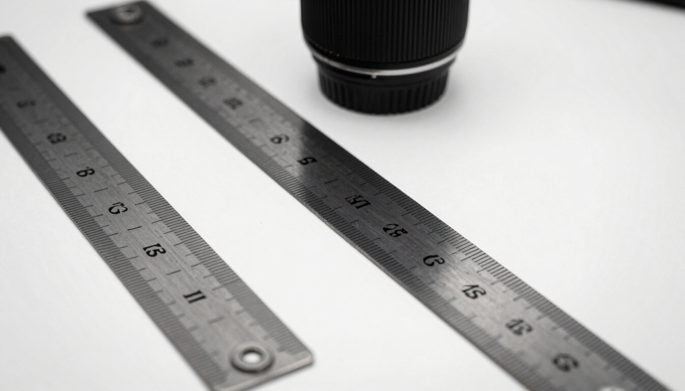 Sharp macro shot of a metal ruler measuring a paper pattern draft on a clean slate cutting table, high-contrast charcoal tones, 35mm lens