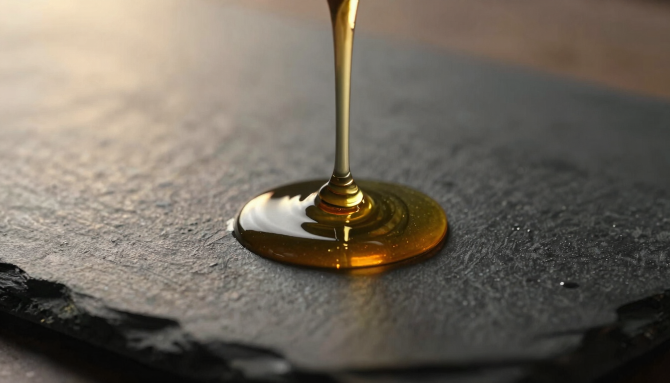 Close-up of warm oil dripping onto a dark slate surface, soft amber backlighting, dramatic chiaroscuro, conveying absolute serenity.
