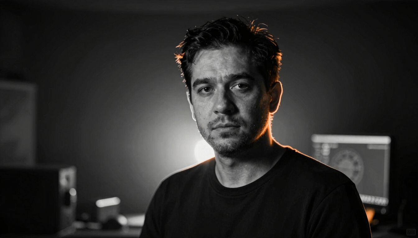 A close-up portrait of a game director in a dark studio room, high-contrast black-and-white photography with sharp amber rim lighting, moody atmosphere.