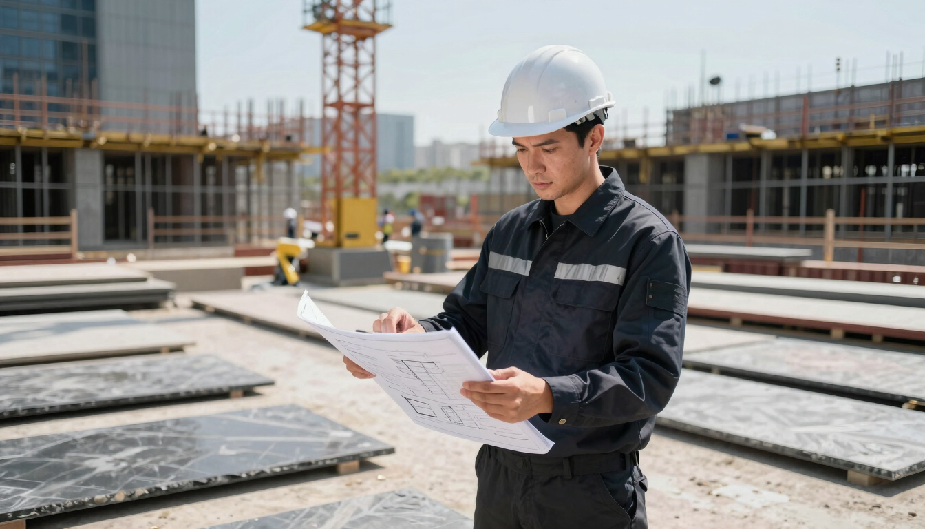 Professional engineer in a clean dark uniform looking at technical blueprints on a digital tablet, active organized construction site background, sharp daylight