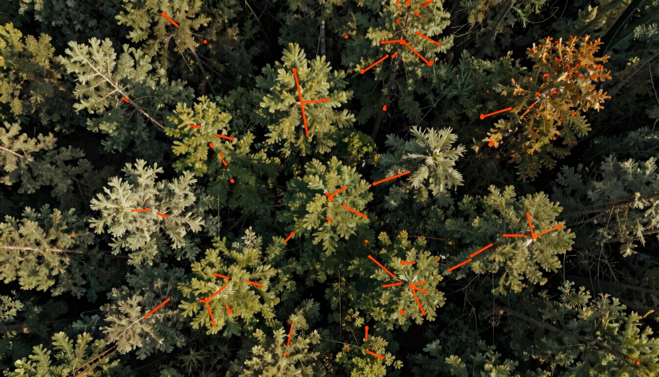 Nadir perspective aerial photograph of dense forest canopy, overlaid with safety-orange vector bounding boxes, natural light, high-contrast shadows.
