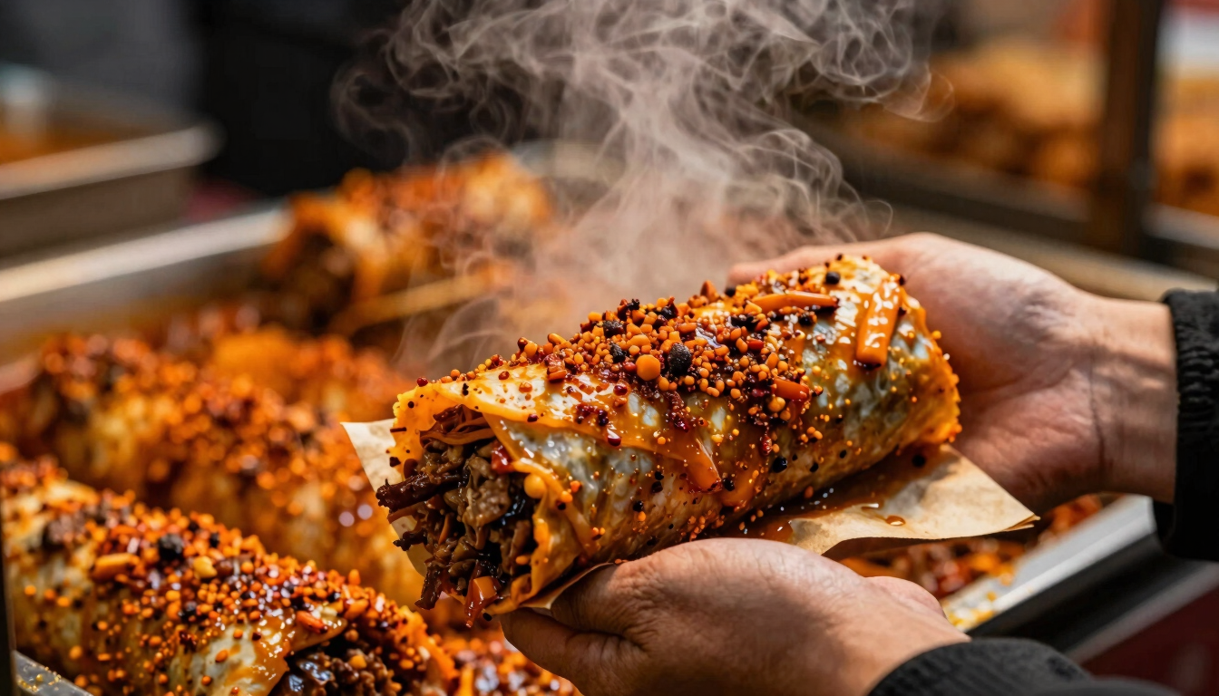 Tight macro shot of a hand wrapping a heavily spiced mutton roll in brown paper, steam rising, warm street food stall background, fiery orange lighting, gritty texture, 35mm lens