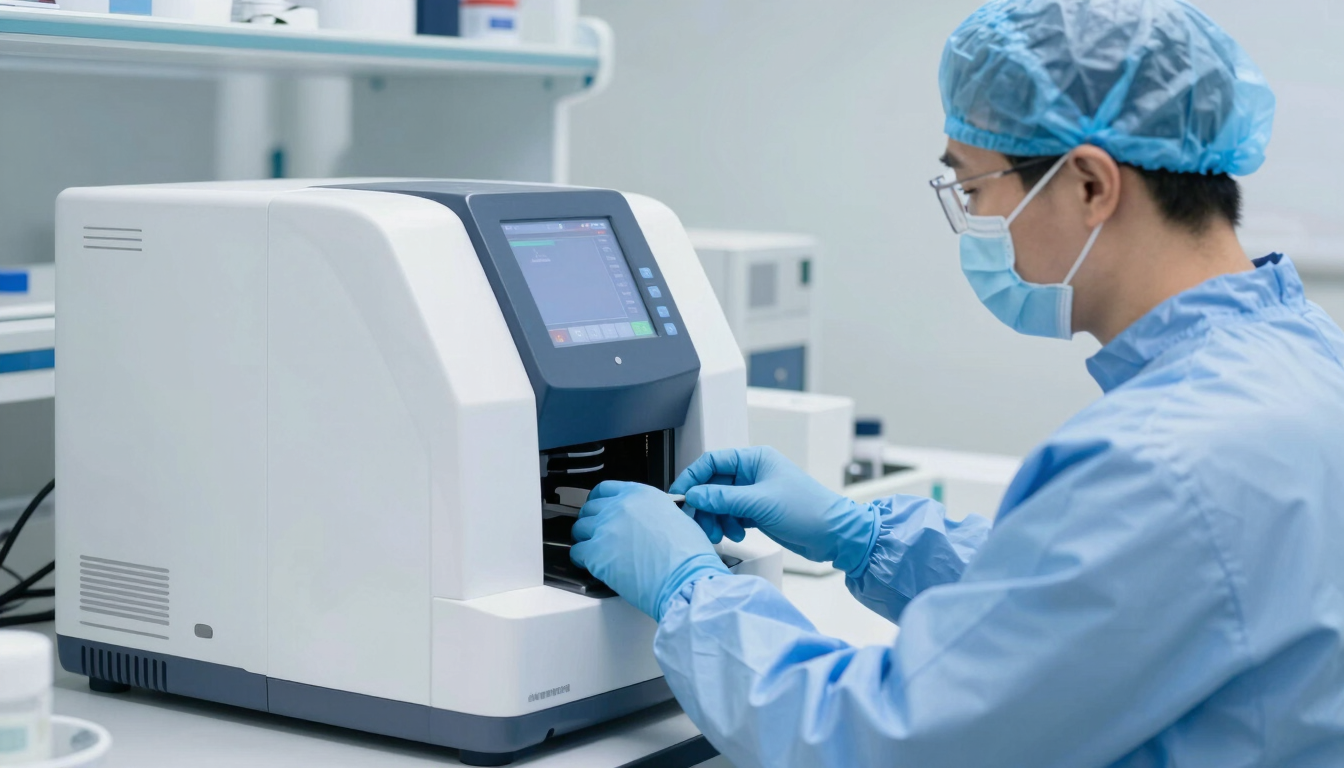A clinical laboratory technician in clean blue protective gear operating a digital interface on a high-throughput automated blood analyzer, sterile laboratory environment, cool tones