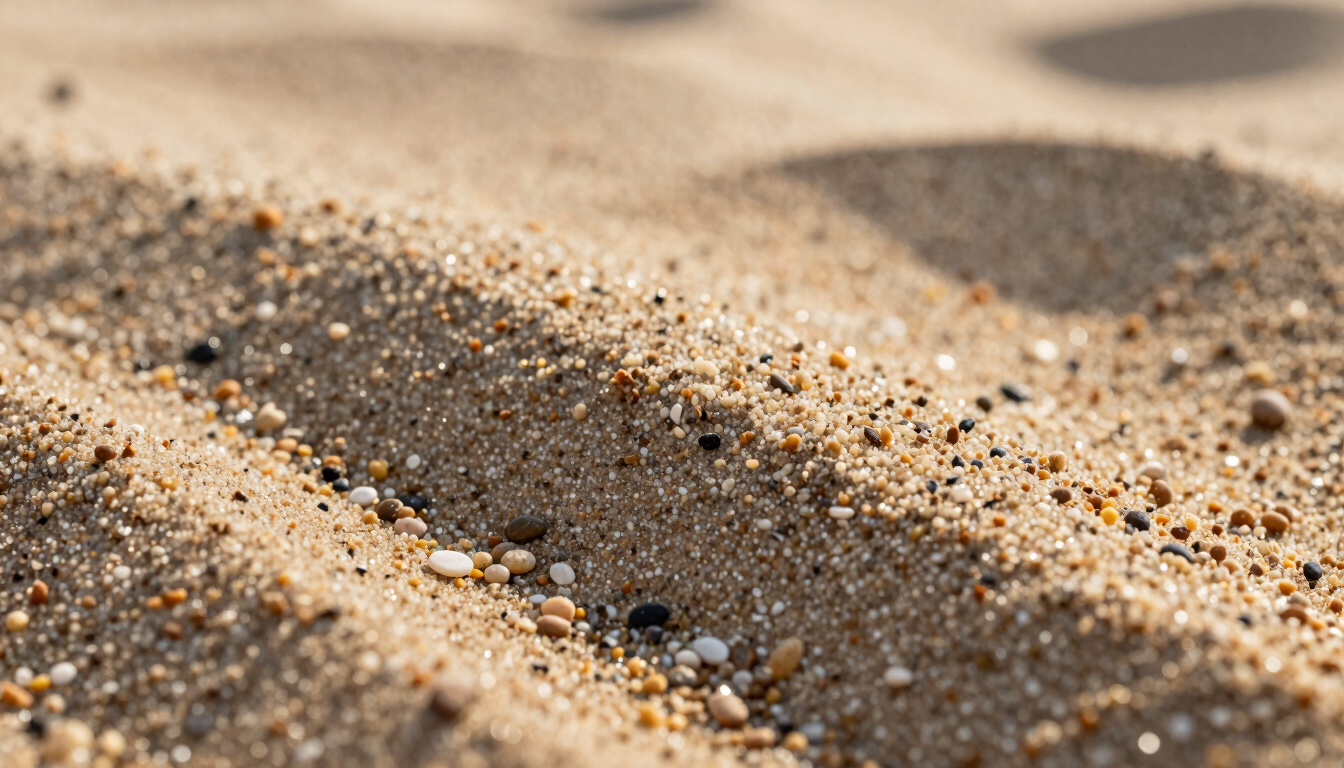 Macro close-up of graded washed sand texture, clean grains catching warm low-sunlight, sharp industrial detail.