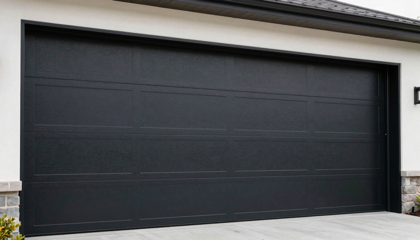 A newly installed modern black steel garage door on a Fair Oaks home, bright daylight, high contrast, clean architectural lines