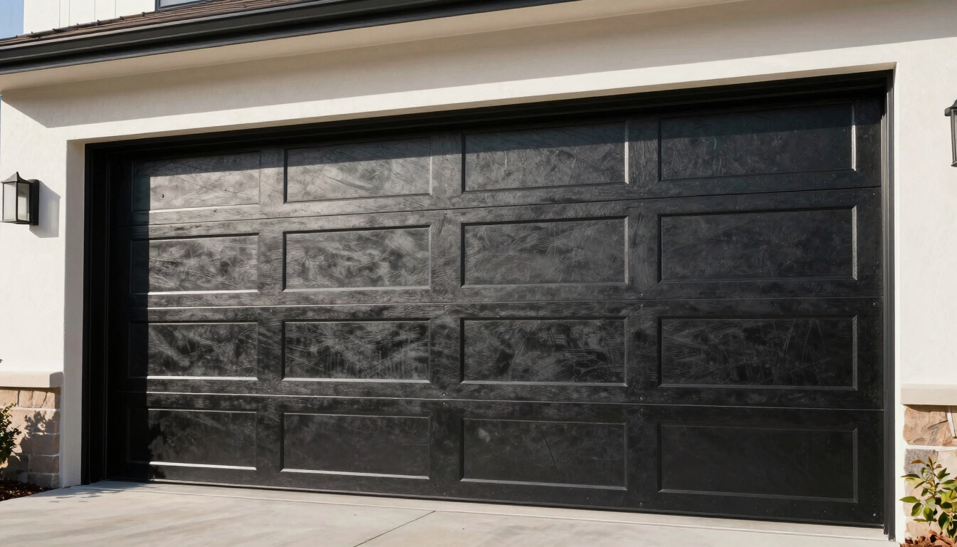 A newly installed modern black steel garage door on a Fair Oaks residential garage, bright high-contrast afternoon daylight, clean architectural lines