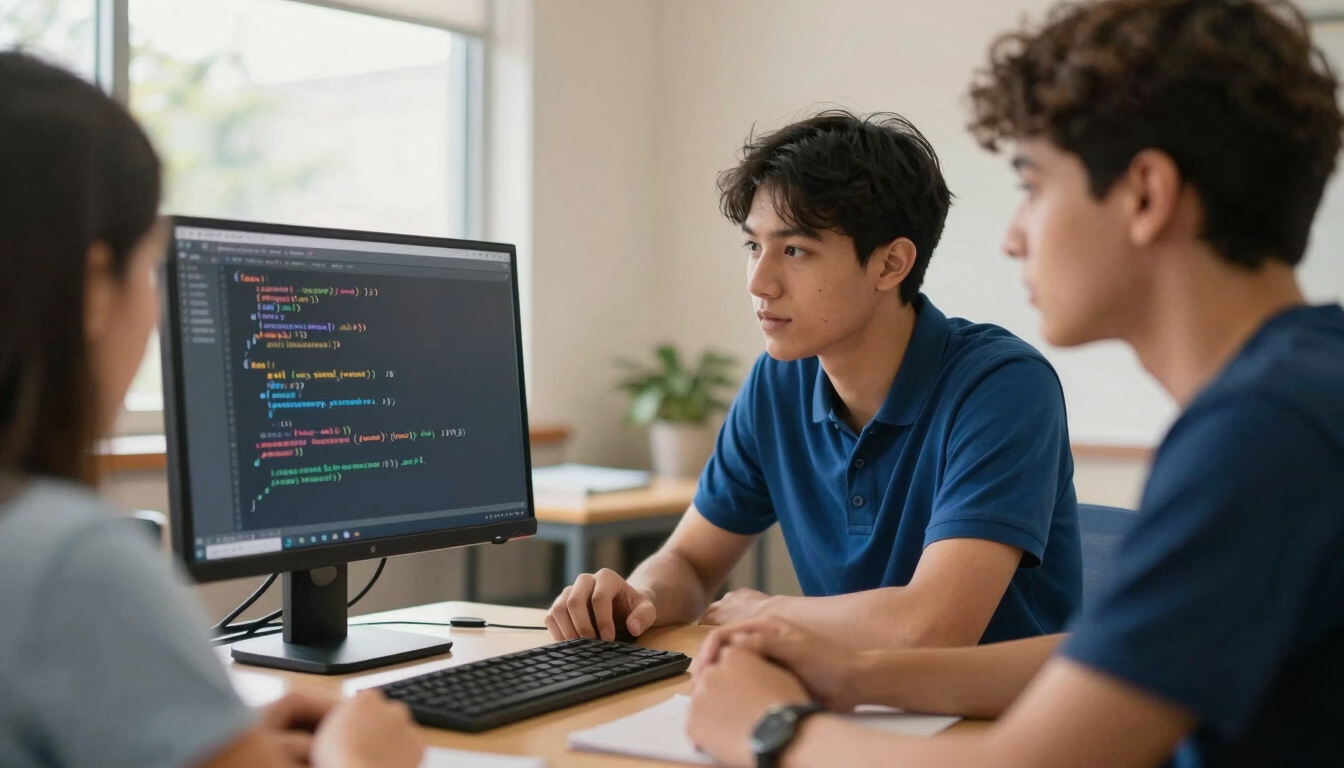 Un instructor guiando a dos jóvenes programadores frente a una pantalla con líneas de código, ambiente colaborativo y cálido, tonos latte y azul, luz natural de ventana, profundidad de campo reducida.