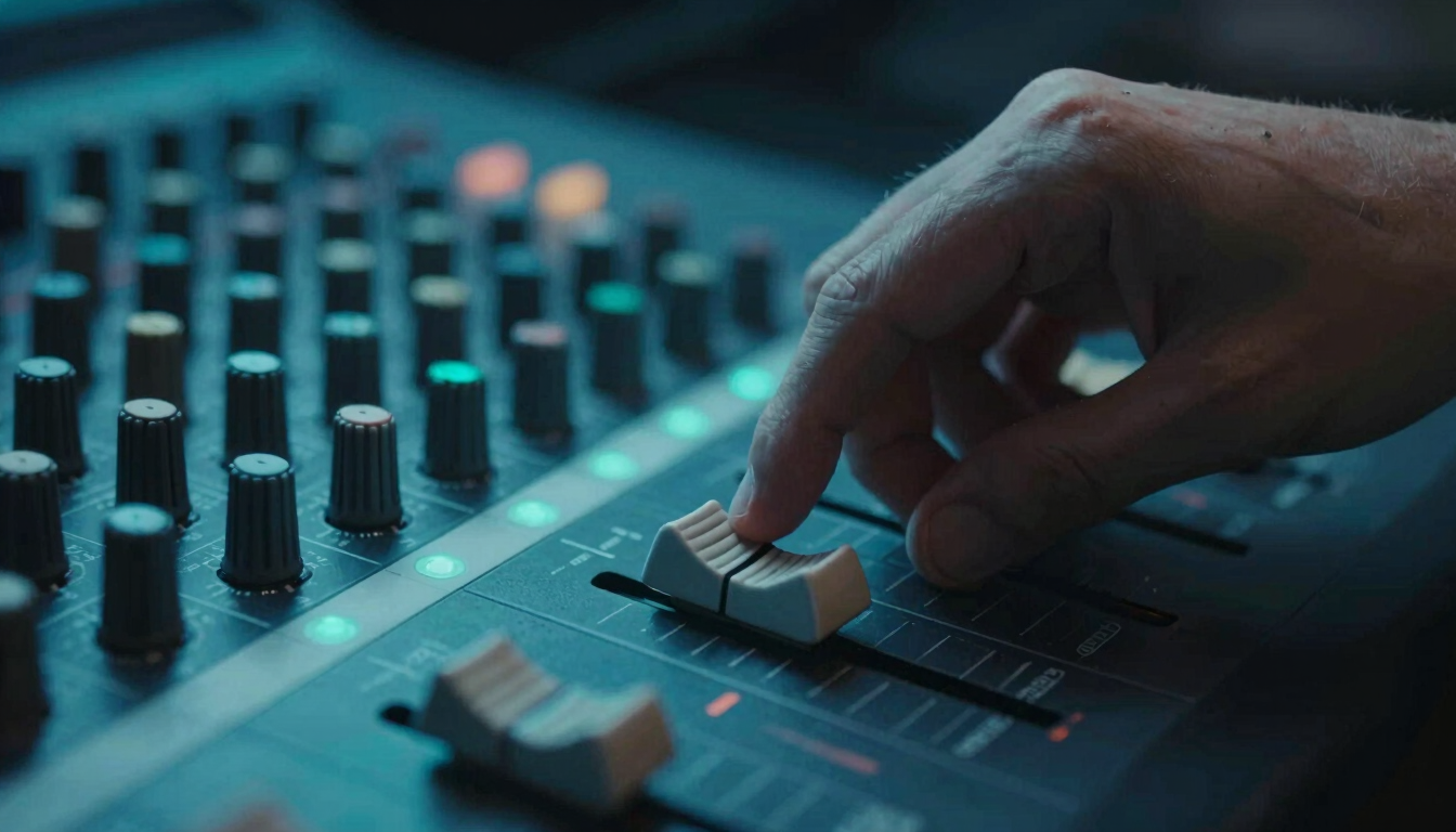 Close-up macro shot of a producer's hand adjusting a fader on a mixing console, glowing neon cyan ambient light, dark studio background, 35mm.