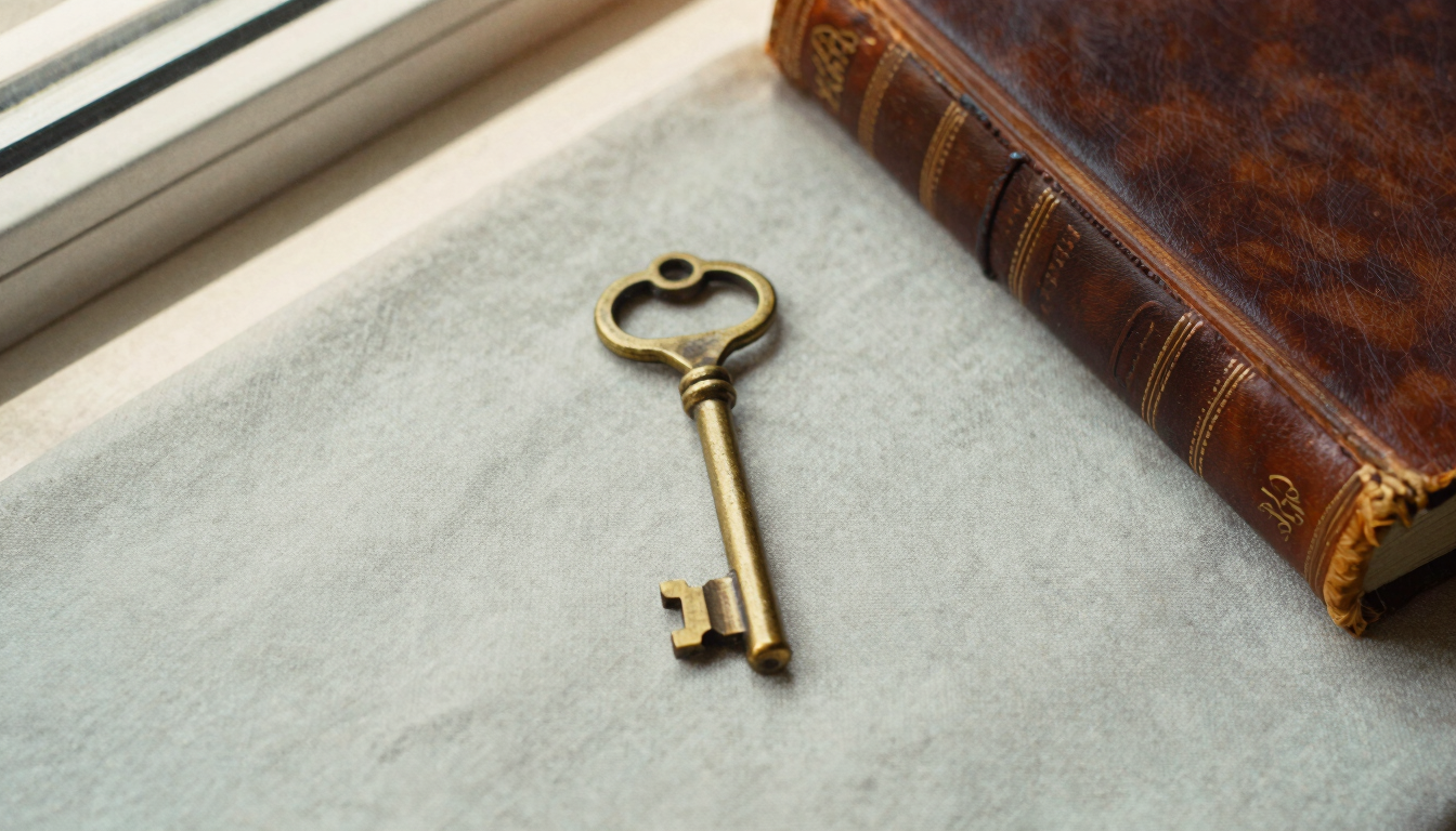 Overhead flat-lay of weathered brass keys and old leather-bound books on a linen surface, soft overcast daylight, 35mm film
