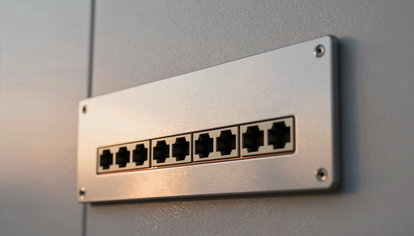 Close-up of a sleek architectural metal wall plate with integrated network ports, warm copper accent lines, soft twilight lighting reflecting off the metallic surface