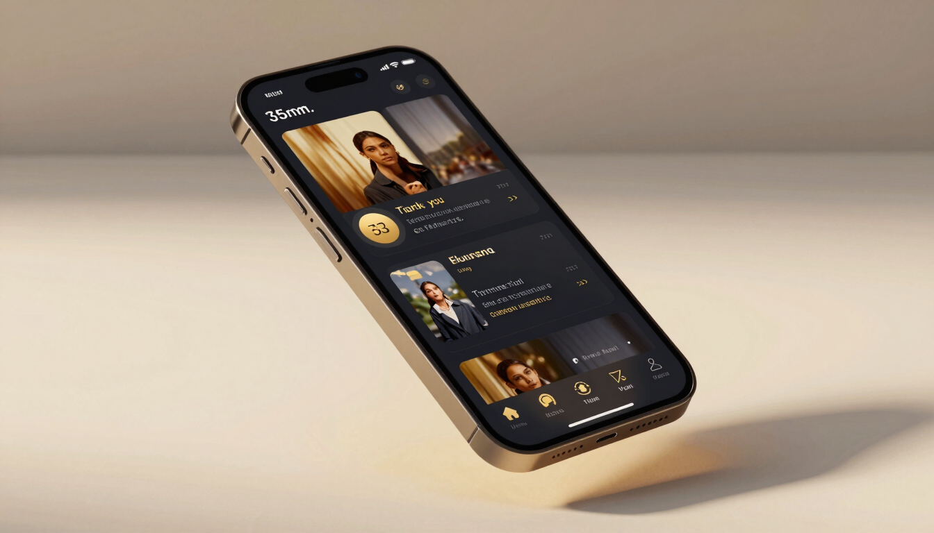 A premium smartphone mockup floating over a minimal warm off-white surface, displaying a sleek dark-themed event ticketing app interface with golden accents, high-contrast studio lighting, 35mm.
