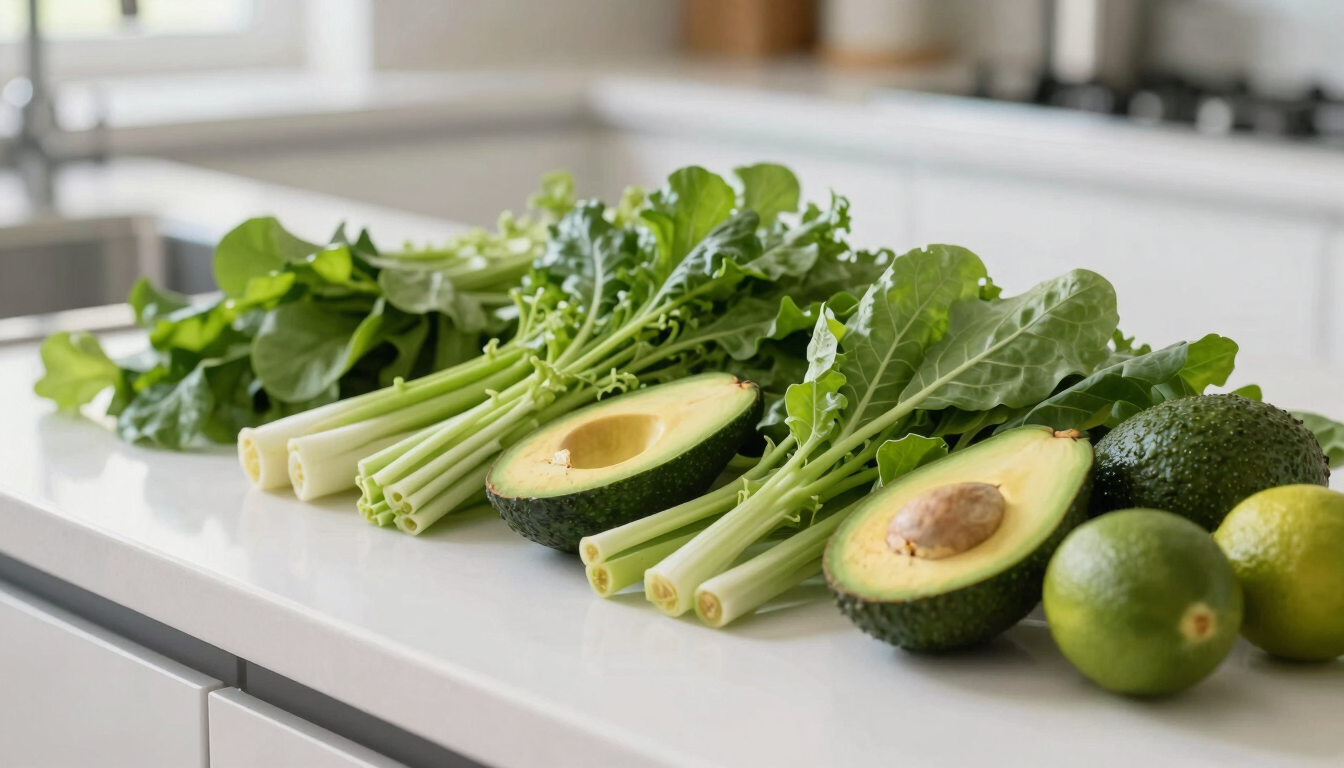 A close-up of vibrant fresh green vegetables, avocado, and lime on a clean white kitchen counter, natural side light, shallow depth of field