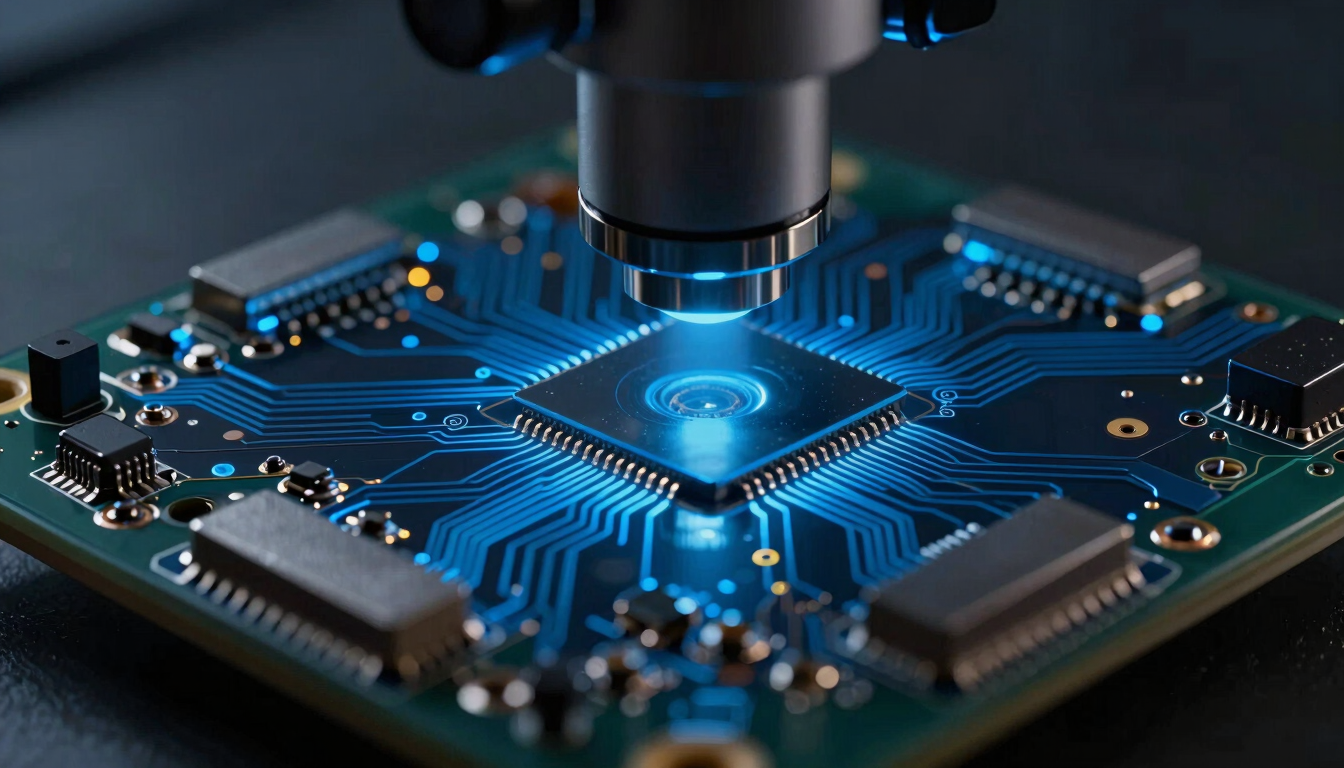 Ultra close-up of a printed circuit board under a digital microscope, glowing electric blue traces, dark metallic textures, professional laboratory environment