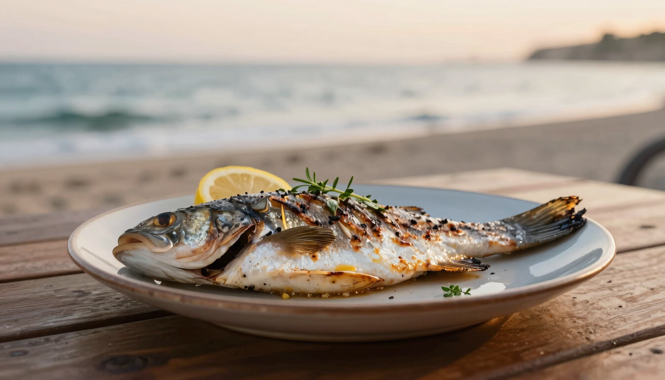 Close-up of a freshly grilled sea bass on a rustic plate, garnished with lemon and herbs, set on a wooden table by the sea, soft sunset light, shallow depth of field, 35mm