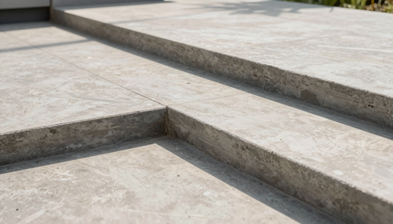 Low-angle architectural shot of a freshly finished concrete patio with clean brushed borders, bright daylight casting sharp textures.