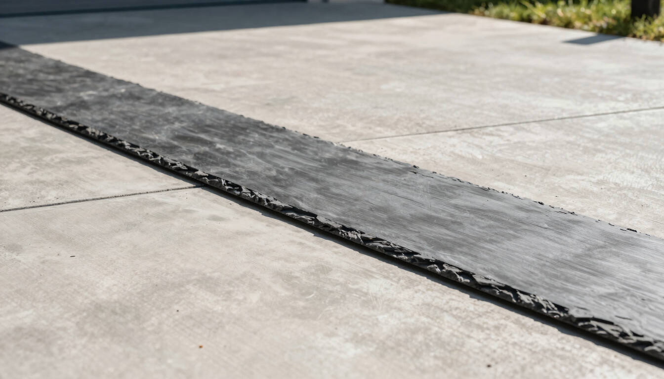 Sharp architectural photography of a freshly sealed concrete driveway, high-contrast sun and shadow showing clean brushed texture, bright natural daylight