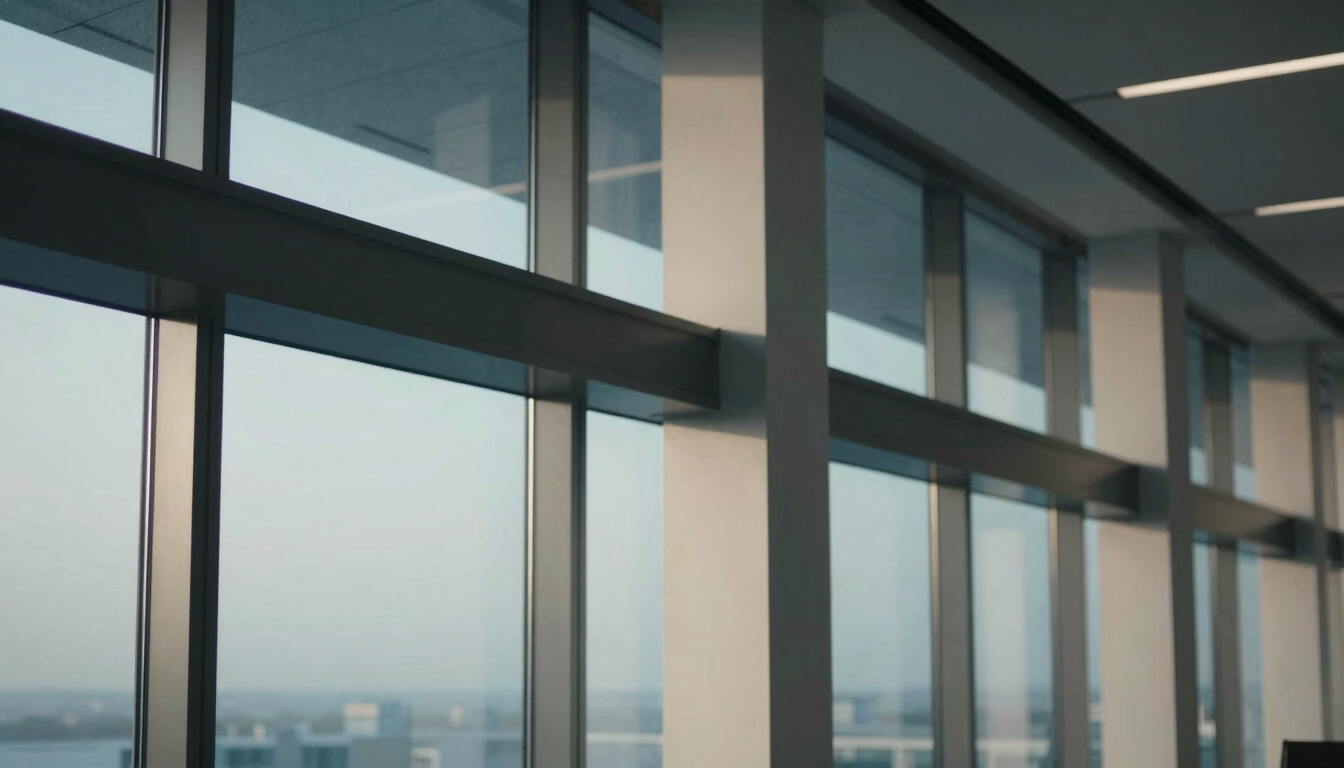 Macro architectural detail of structural steel columns and glass panels in an empty modern corporate boardroom, soft natural light, cool blue-hour tones.