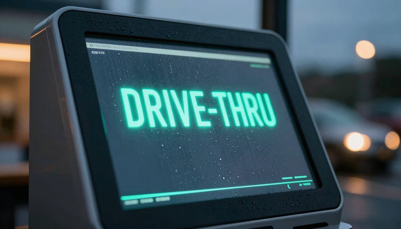 A close-up angled shot of a sleek drive-thru digital kiosk screen glowing with neon cyan text at twilight, rain droplets on the glass, soft amber headlights blurred in the background, 35mm lens.