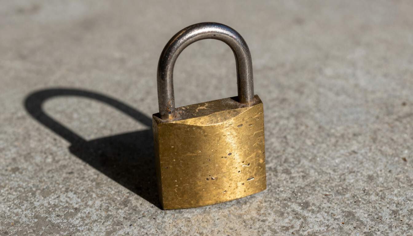 Close-up of a rugged brass padlock scratched from heavy use resting on a concrete floor, hard direct natural light, sharp high-contrast shadows