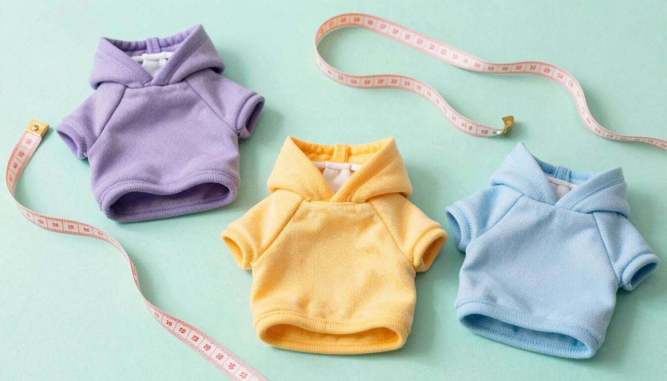 Flat-lay of colorful handmade dog hoodies and shirts with a soft measuring tape on a clean mint background, bright joyful pet photography