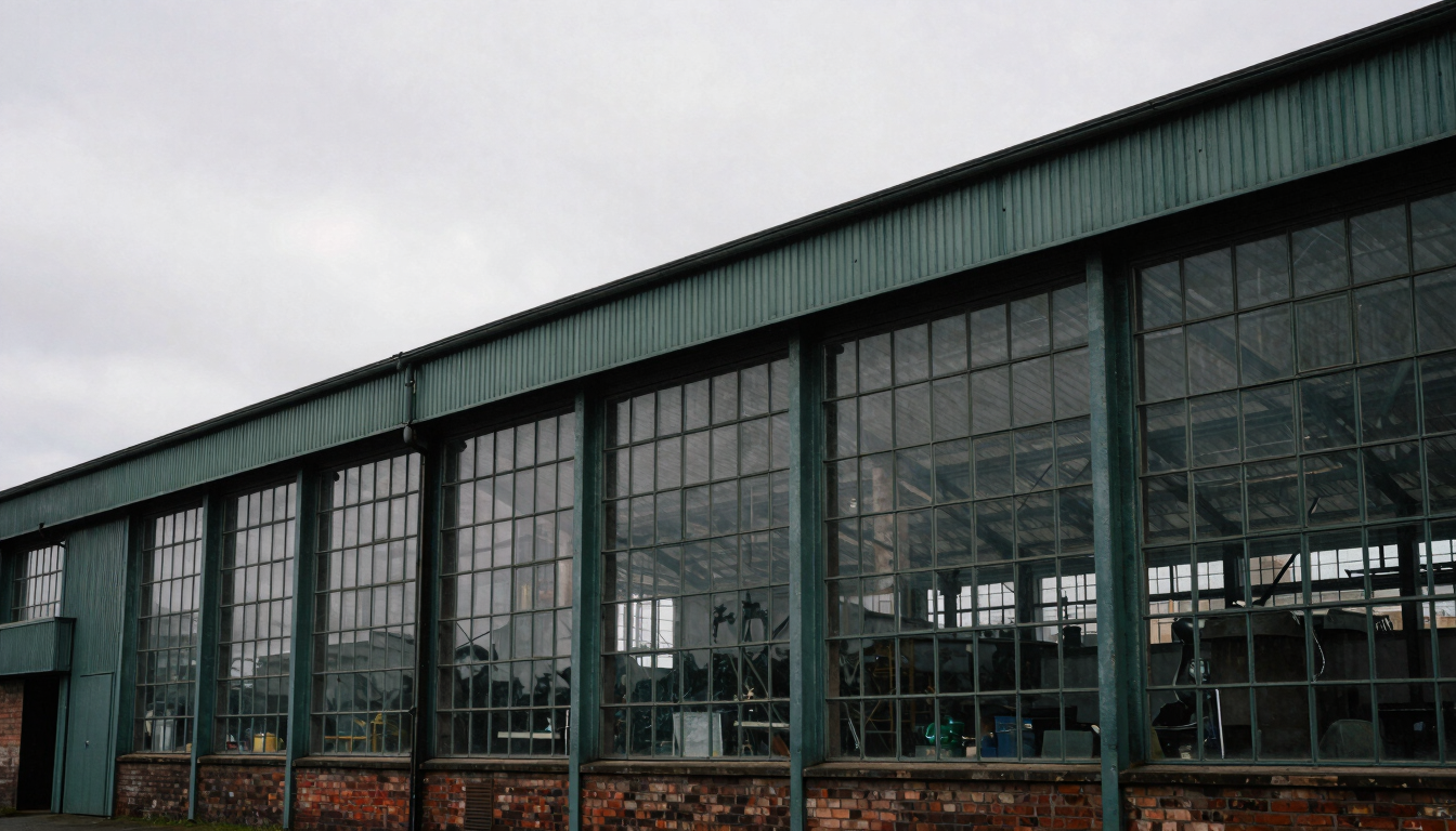 Wide environmental shot of a converted industrial warehouse in Lancashire, large steel windows, overcast daylight, moody editorial photography, desaturated tones.