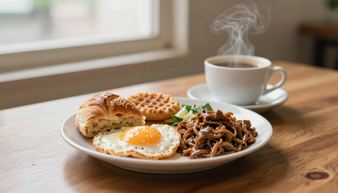 Warm editorial photography of a steaming cup of coffee next to a freshly plated local Malaysian breakfast on a wooden table, soft natural window light, shallow depth of field, 35mm