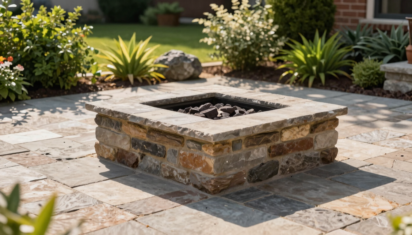A beautifully crafted stone paver patio with a built-in fire pit, surrounded by lush green landscaping under warm afternoon sunlight, sharp focus.