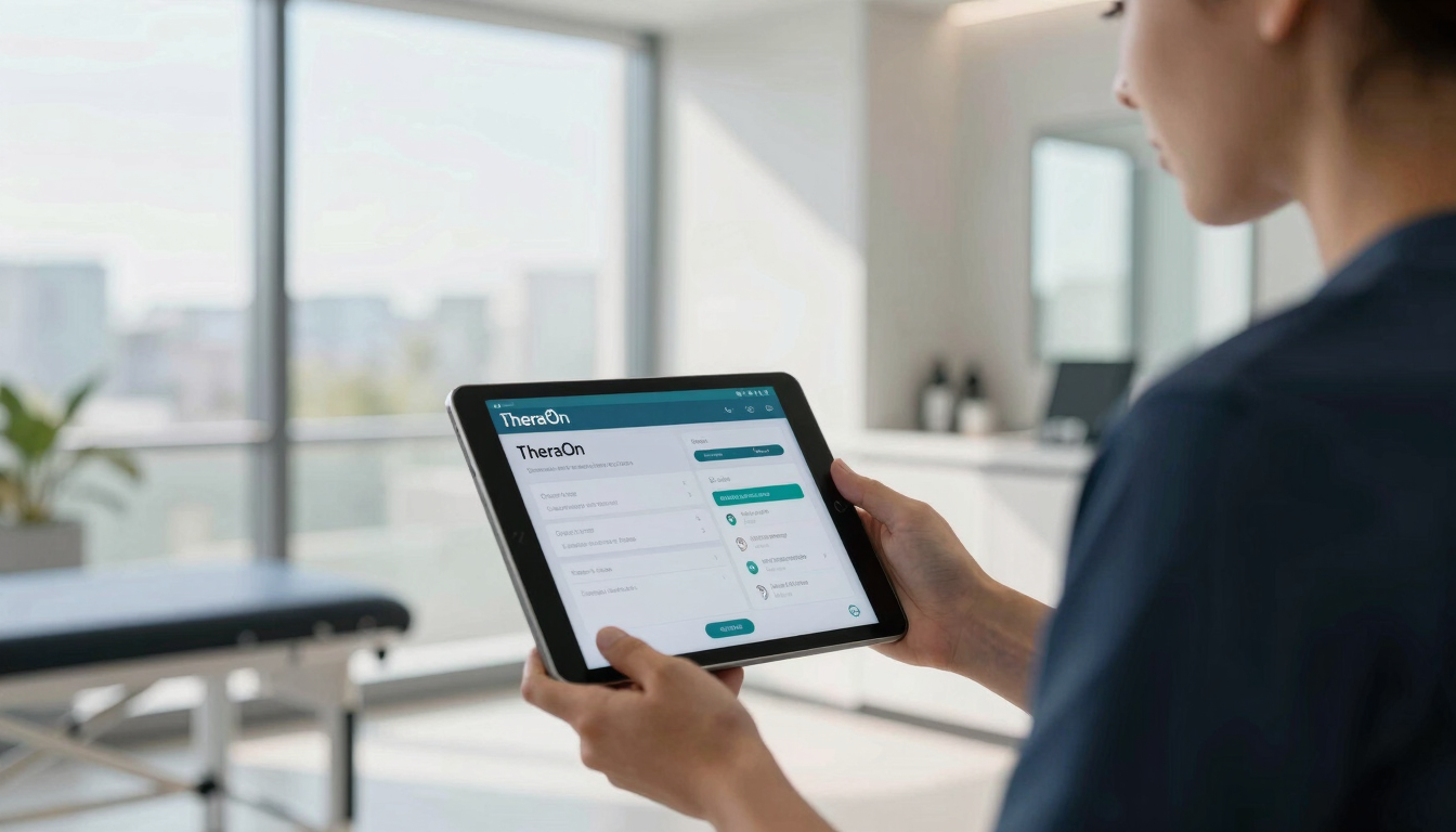 A high-end modern physiotherapy clinic interior, bright natural daylight streaming through large windows, a professional showing a tablet screen with the TheraOn app, close-up framing.