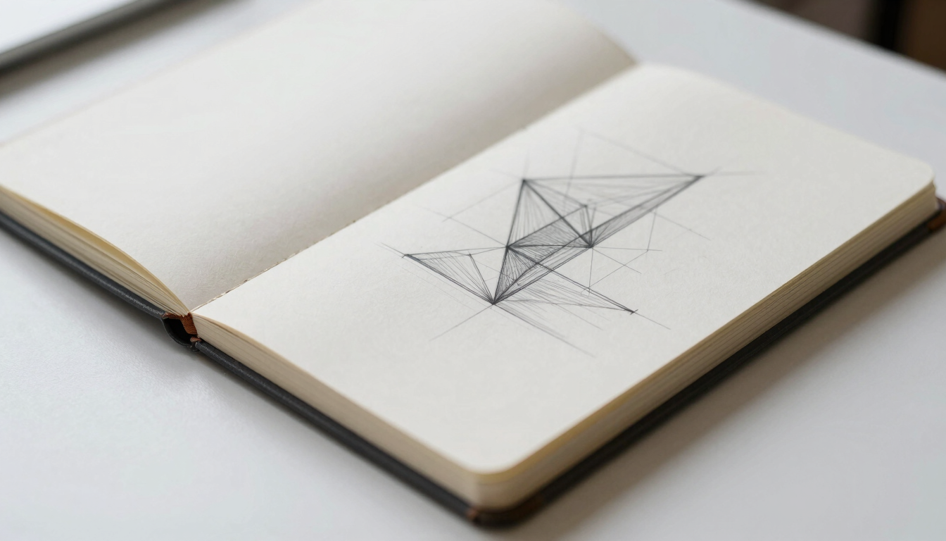 Close-up of a physical leather notebook with clean geometric sketches on a white table, soft north-facing daylight, sharp focus, 35mm