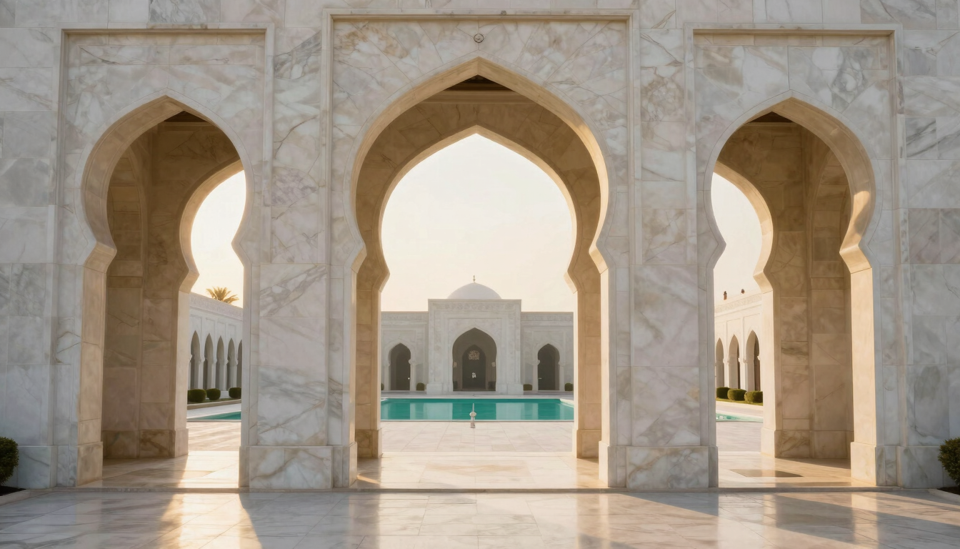 An elegant sunlit marble archway looking out onto a serene courtyard, soft golden hour morning light casting long shadows, warm beige and white tones, architectural photography, 35mm