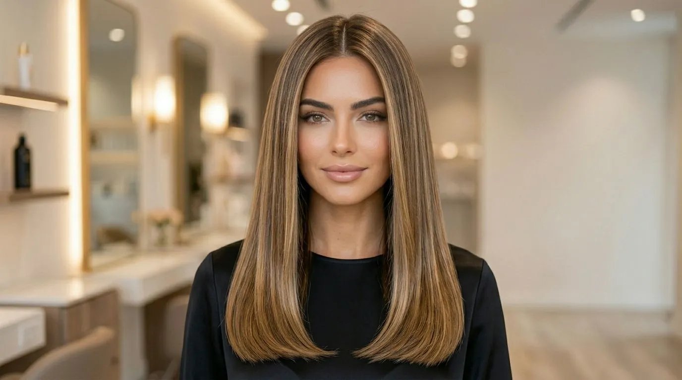 Voluminous blowout hairstyle with smooth, shiny hair and a salon-finished look for everyday elegance